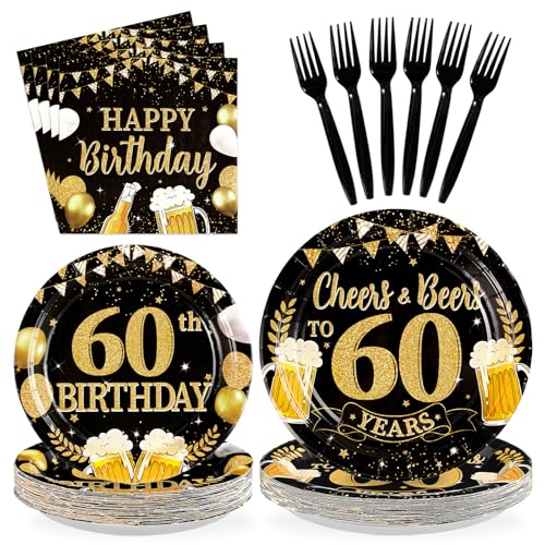 96Pcs Cheers to 60 Birthday Party Decorations, Serves 24 - style: Beer Black Gold 60th Birthday