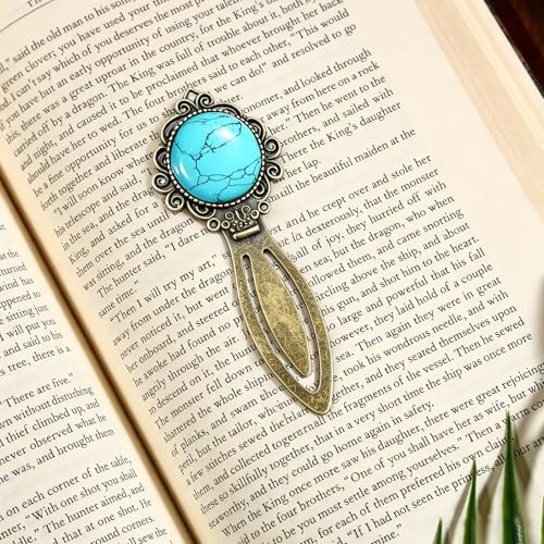 1Pcs Vintage Blue Howlite Bookmark with Natural Crystal Stone - Fantasy Metal Blue Howlite Bookmark for Reading Women, Men, Book Lovers, Girls and Teachers Bookmarks - color: Blue Howlite