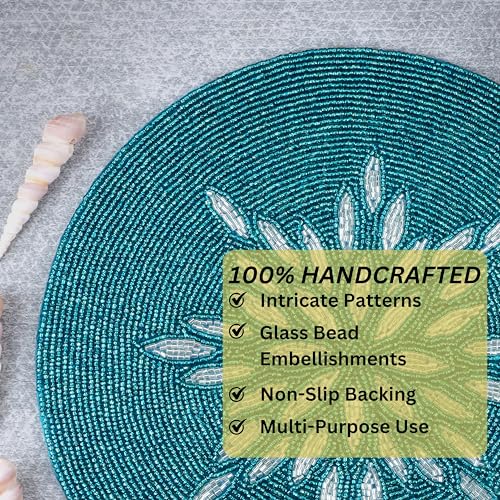 Decorative Beaded Table Mat - 13” Round Charger Plate | Handmade Elegant Beaded Placematss & Polyester Backing | Home & Kitchen Decor Single Pack (Silver Teal) - ALPHA Living HOME - color: Silver Teal, size: Set of 1