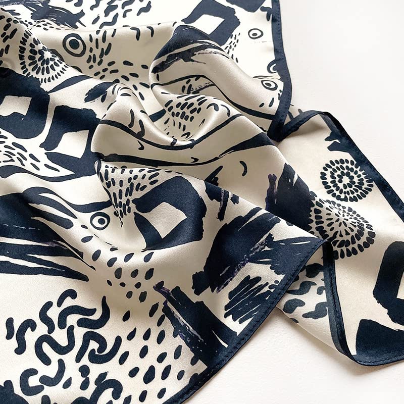 FEIBOON Mulberry Silk Scarf 21"x21" Small Square Scarfs for Women - color: Black Abstract
