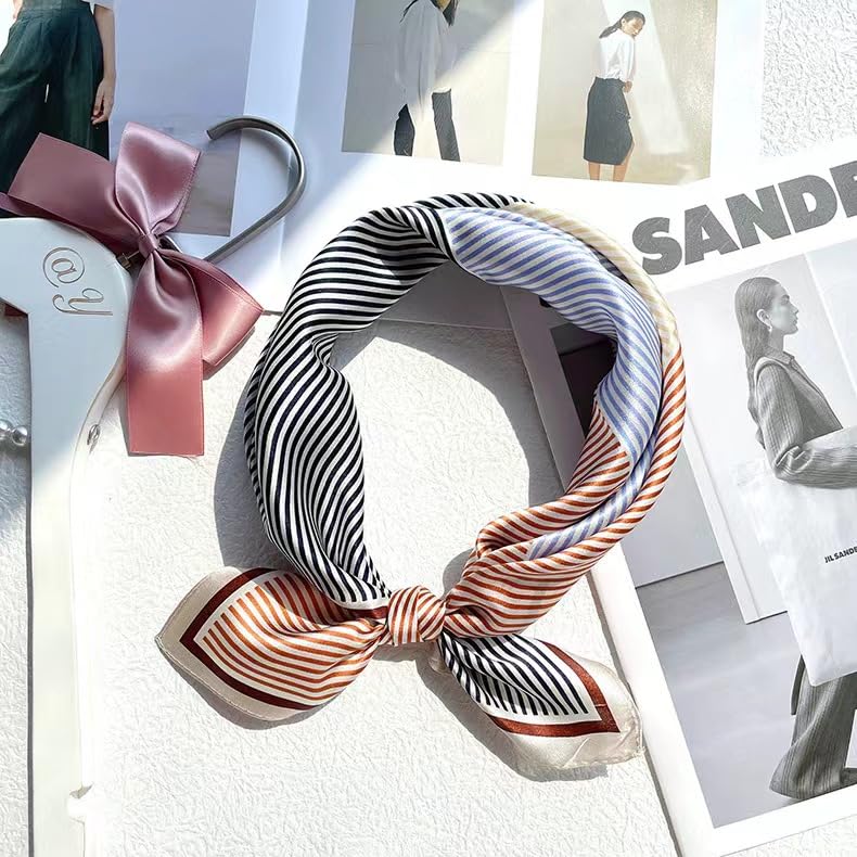 ANDANTINO 100% Mulberry Silk Scarf -21” Square Neckerchief with Gift Packed - color: Contrast Color Stripes