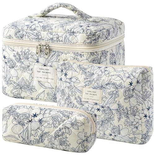 HBselect Quilted Makeup Bag, 3Pcs Cotton Large Travel Makeup Bags Organizer - color: A-3PCS-Floral 31