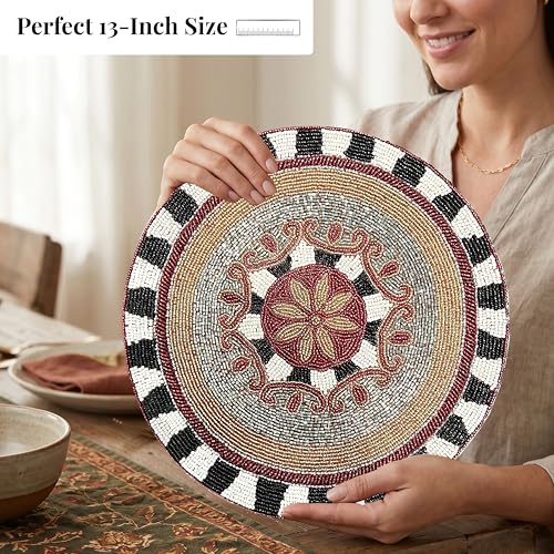 Beaded Placematss for Dining Table, 13 Inches Beaded Placemats for Farmhouse Decor and Kitchen Table Décor, Round Table Mats Set of 1 for Dining Tables, Non-Slip Place mats - ALPHA Living HOME - color: Red Black, size: Set of 1