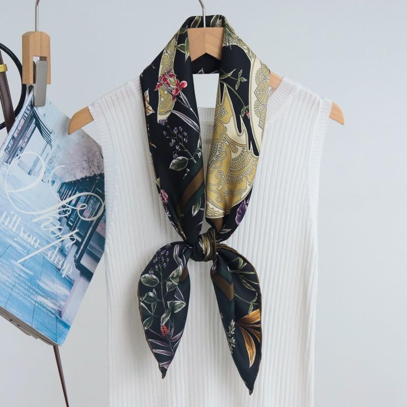 ANDANTINO 100% Mulberry Silk Scarf -Women 35" Square Hair Wraps-Gift Packed - color: Black Horse-twill