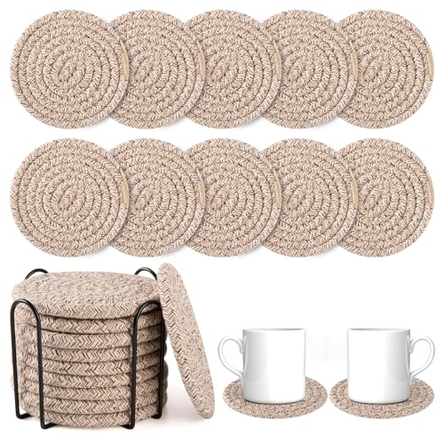 OIAHOMY 10 Pcs Drink Coasters with Holder, Boho Cotton Woven Coaster Set, Absorbent Coaster Protection for Various Cups, Ideal for Coffee Tables Home Decor and Gift, 4.3 Inches, Brown - color: Brown, size: 10Pcs