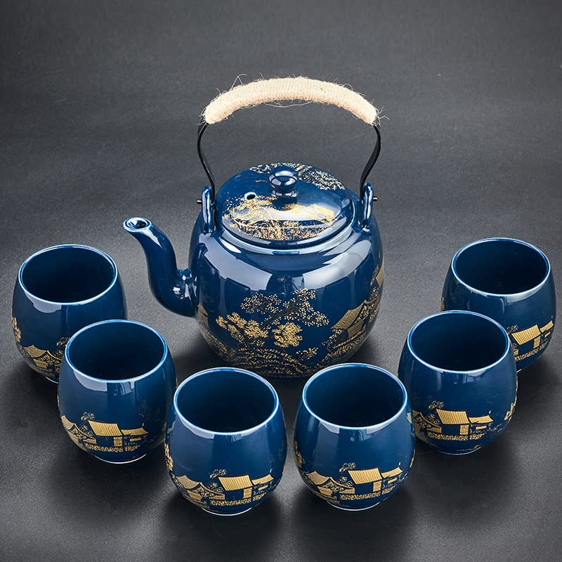Gift Set Japanese Tea Set, Asian Black Glazed Ceramic Tea Set - Contains 1 Teapot, 1 Tea Strainer and 6 Teacups. Ideal for Home, Outdoor, Office (Blue2) - color: Blue2