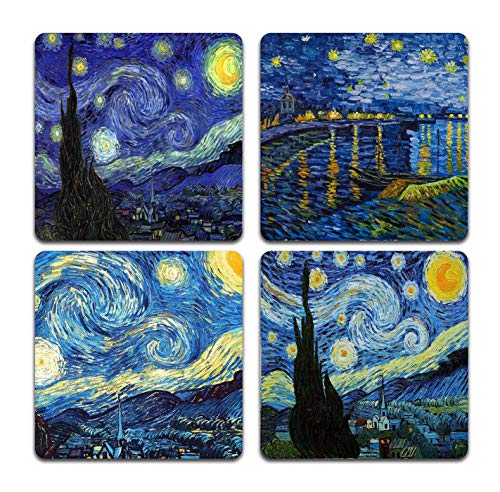 Van Gogh Style Watercolor Painting Square Coaster Set of 4 - color: Van Gogh Style Watercolor Painting