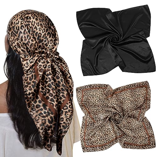 AWAYTR 2-Pack 35" Silk-Like Satin Head Scarves for Women, Square Bandanas - color: Leopard + Black