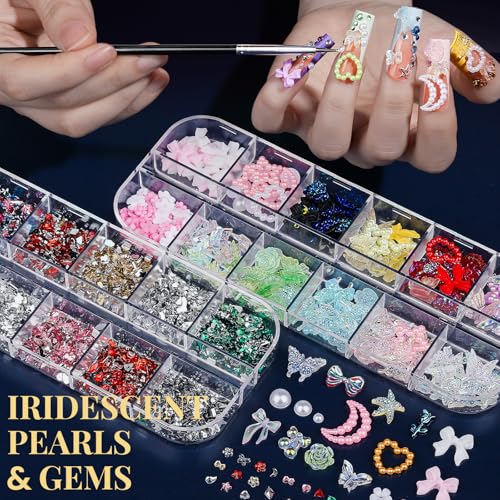 FANDAMEI Nail Art Brushes, Nail Art Kit with 15 Pcs Nail Art Brush, 5 Pcs Dotting Tools, 6 Box Nail Charms and Gems, 10 Flower Nail Stickers, Complete Nail Decoration Art with Nail Art Brushes Black - color: black