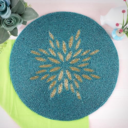 ALPHA Living HOME Beaded Table Mat, 13" Round, Gold Teal - color: Gold Teal, size: Set of 1