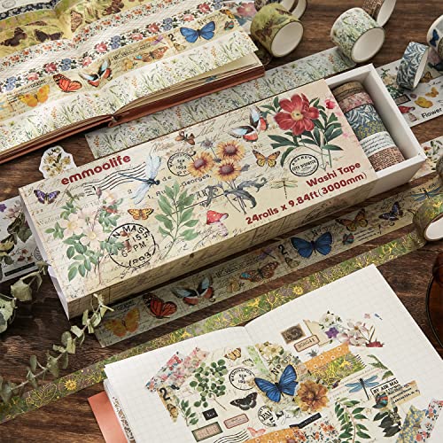 24 Rolls Vintage Washi Tape Set, Floral Letter Butterfly Mushroom Botanical Flower Writable Decorative Tapes for Scrapbooking , Junk Journal supplies, Bullet Journaling 5-75mm Wide 9.84ft long/Roll - style: Natural