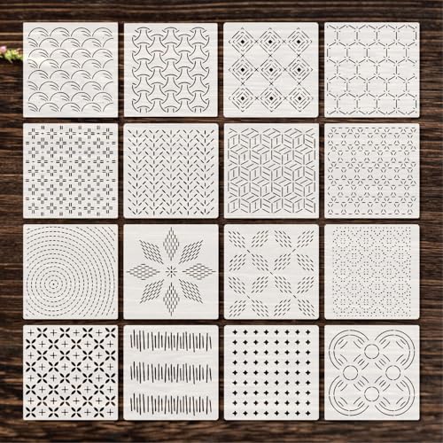 Sashiko Stencil 16pcs Reusable Plastic Templates 6 * 6 Inch Reusable Stencils Hand Quilting Stencils Embroidery Pattern Sewing Craft Paint Template - color: 16pcs