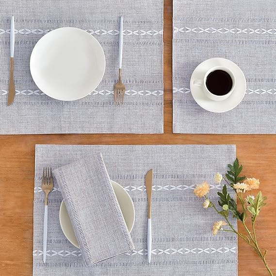 Wracra Cotton Linen Place Mats, Grey Embroidered Placemats Set of 6 - color: Hemstitched Grey, size: Placemats(Set of 6)