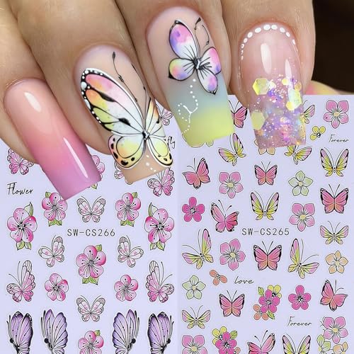 Butterfly Nail Art Stickers Decals 12 Sheets 3D Self-Adhesive Nail Decals Purple Blue Gradient Butterflies with Flower & Leaf Designs Stickers for DIY Manicure Acrylic Gel Nail Decorations for Women - style: Butterfly Flower