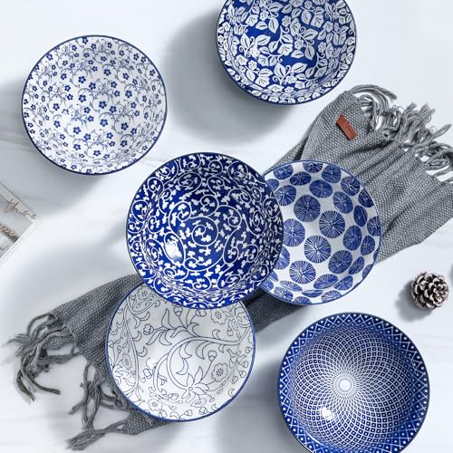 Selamica 7 inches Porcelain Cereal Bowl Set - Set of 6, Soup Bowls, Ceramic bowls for Cereal, Soup, Salad and Pasta, Vintage Blue - color: Vintage Blue, size: 7 Inches