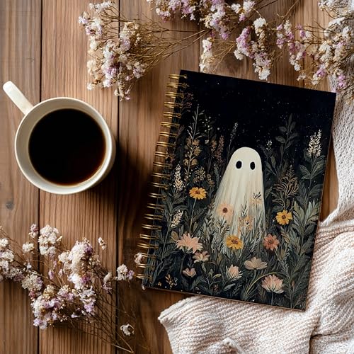 Notebook Journal for Women - A5 Spiral Notebook with Ghost in forest Design, Vintage Dark Romantic Ghost Wildflowers, Gothic Office & School Supplies, Unique Gifts for Women Birthday, Christmas (White-Ghost) - color: White-Ghost
