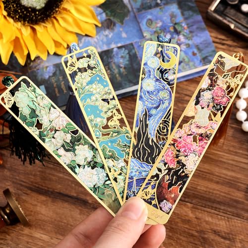 icceemee 4 Pieces of Gold Hollow Bookmarks with Tassels, Featuring Van Gogh and Monet Oil Painting Themes Perfect for Book Lovers, Writers, Readers, Children, Teenagers, Men, Women, and Adults - style: Oil Painting Theme Set of 4