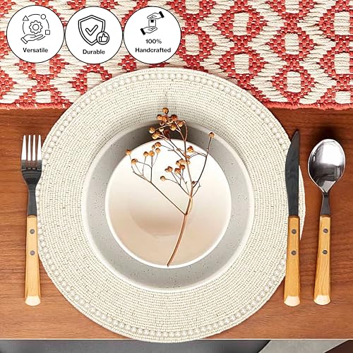 Round Beaded Placemats - Handmade Beaded Table Mat Non-Slip Polyester Backing for Dining Table Decor, Kitchen, Parties, Family Meals Pack of 2 (Ivory) - ALPHA Living HOME - color: Ivory, size: Set of 2