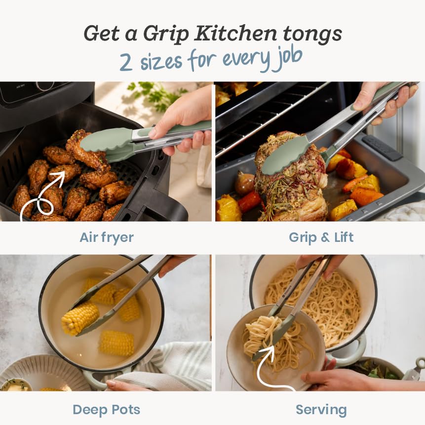 Starpack Get a Grip Silicone Kitchen Tongs (2-Pack, 9" + 12") - LFGB Non Toxic, 600°F Heat Resistant, BPA-Free - Heavy-Duty Stainless Steel, Locking - Dishwasher Safe for Nonstick Cookware - color: Sage Green, size: Set of 2 (9" & 12")