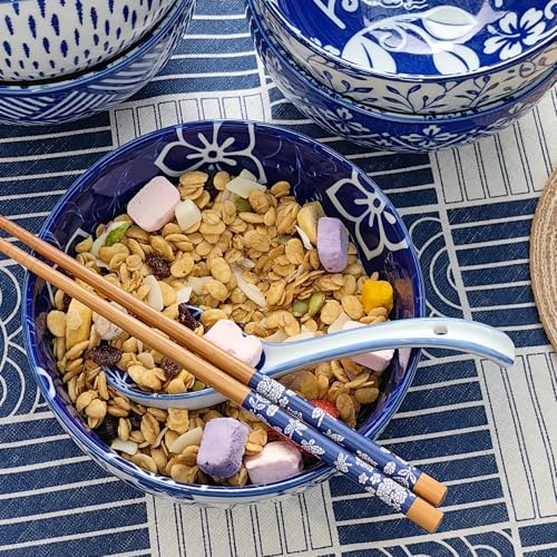28Oz Ceramic Ramen Noodle Pho Bowl Set with Chopstick Spoon Gift Box - size: 6in Floral Pattern