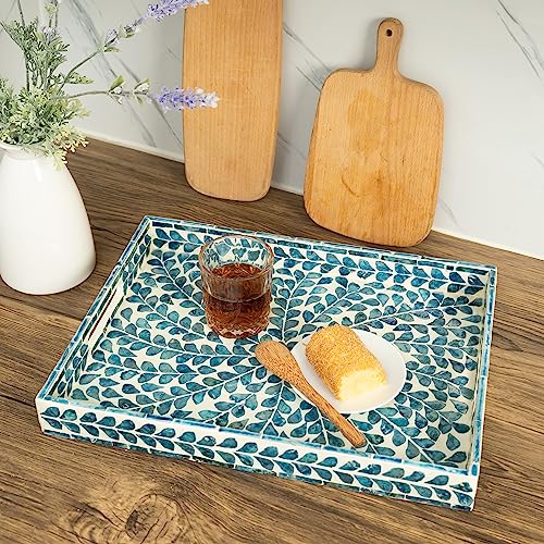 Serving Tray 15.7" X11.8", Lacquer Mother of Pearl Inlay Mosaic Tray, Rectangle Wooden Marble Tray with Handles Trays for Tea, Breakfast in Bed, Table (Blue) - color: Leaf Style