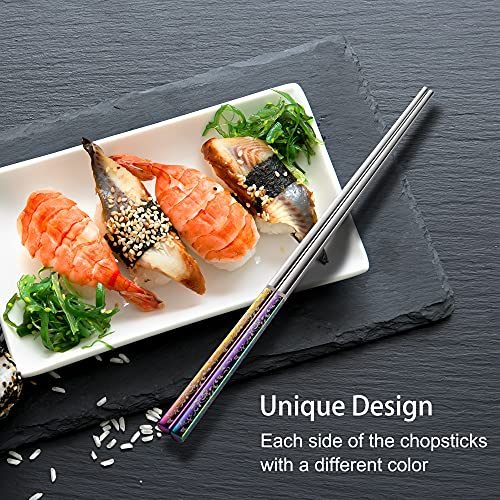 Metal Chopsticks Reusable Dazzling Rainbow Stainless Steel Chopsticks Titanium Plated Dishwasher Safe Fancy Laser Engraved Korean Japanese Chop Sticks Multicolor 2 Pairs Gift Set - color: Rainbow silver
