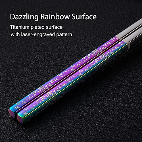 Metal Chopsticks Reusable Dazzling Rainbow Stainless Steel Chopsticks Titanium Plated Dishwasher Safe Fancy Laser Engraved Korean Japanese Chop Sticks Multicolor 2 Pairs Gift Set - color: Rainbow silver