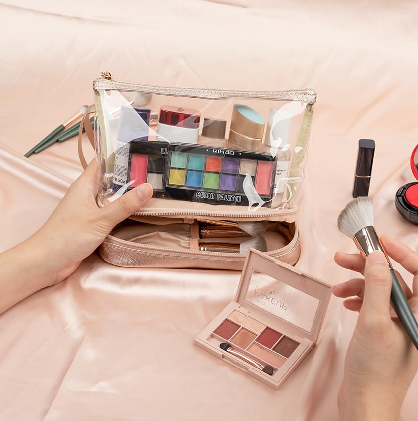 Clear Makeup Bag with Brushes Compartment Travel TSA Approved Toiletry Bag - color: 03-rose gold clear
