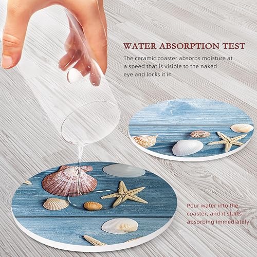 Coasters for Drinks, Set of 6, Ceramic Stone Summer Beach - color: Shell Wooden