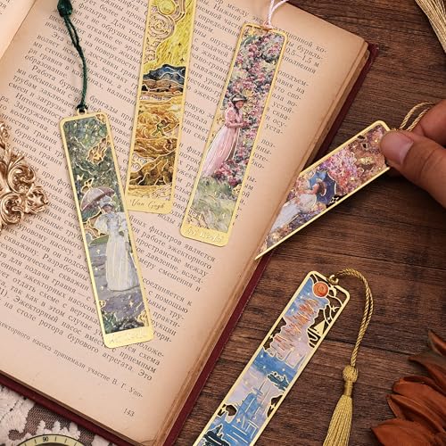 12 Pieces Metal Bookmarks with Tassel, Golden Hollow Bookmark Oil Painting Theme Girl Book Mark Bookmarks for Book Lovers Writers Readers Children Teens Men Women Adults - style: 12Pcs Garden