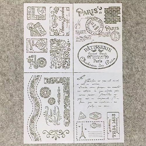 TIAMECH A4 Reusable Vintage Stamp Stencils for Painting - style: 4Pcs Vintage Ticket