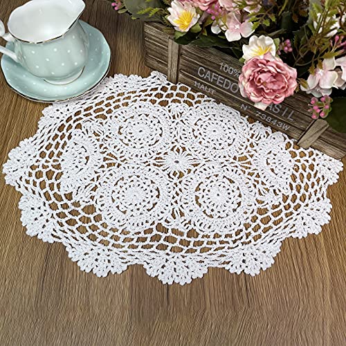 Phantomon Handmade Crochet Cotton Lace Placemats Doilies Cloth Crochet Coasters, Pack of 4, Oval Shape, White, 12 x 17 inch (White) - color: White