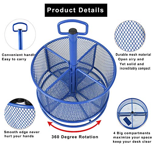 Marbrasse Mesh Desk Organizer, 360-Degree Rotating Multi-Functional Pen Holder, 4 Compartments Desktop Stationary Organizer, Home Office Art Supply Storage Box Caddy (Blue) - color: Blue