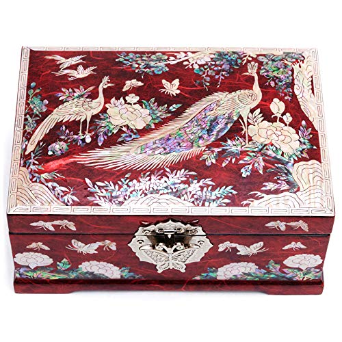 MADDesign Mother of Pearl Jewelry Box Multilevel Red Peacock Design - color: Red