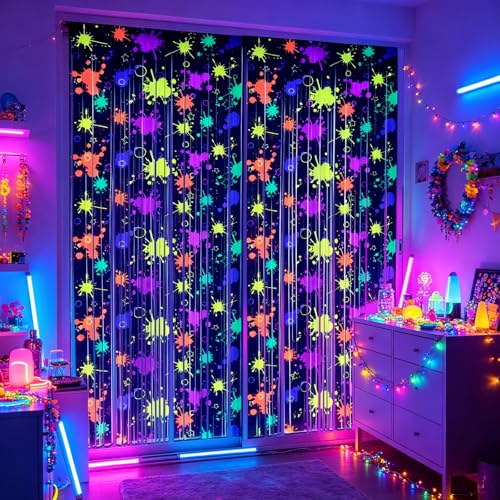 OQOQ Neon Party Decorations Tinsel Curtains Backdrop 2 Pack, 3.3x8.2ft XL - color: Neon Splatter