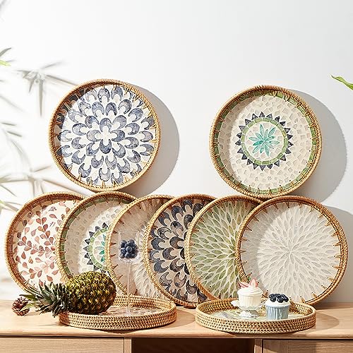 Kmelep Round Rattan Tray with Mother of Pearl Inlay, Rattan Serving Tray with Wooden Base, Decorative Wicker Basket for Table Decor, Storage and Display of Coffee Bread Food Fruit (Wicker) - color: Wicker, size: 11.8"
