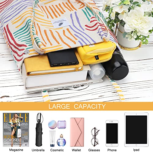 Ayieyill Corduroy Tote Bag for Women Canvas Shoulder Cord Purse with Inner Pocket - color: Colorful Stripes