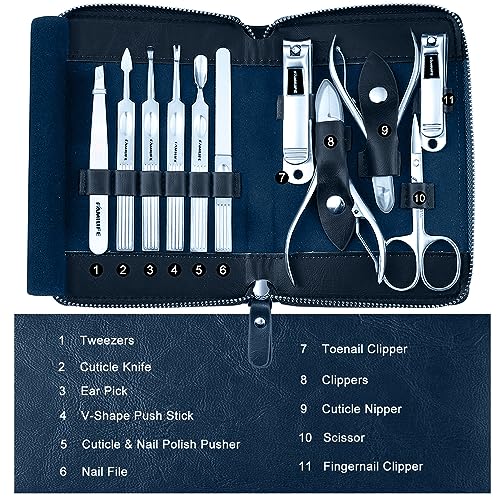 FAMILIFE Stainless Steel Manicure Set 11-in-1 Professional Nail Clipper Kit - color: Navy Blue