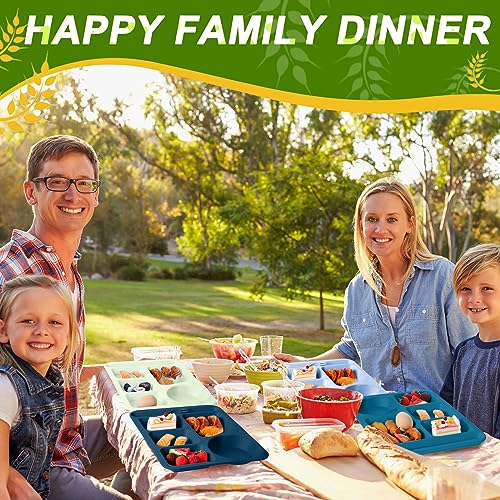 Pinkunn 12 Pcs 14'' Large Divided Plates Unbreakable Wheat Straw Lunch Trays 6 Compartments Cafeteria Trays Microwave Dishwasher Safe Food Separator Plates (Blue, Green, Dark Blue, Dark Green) - color: Blue, Green, Dark Blue, Dark Green