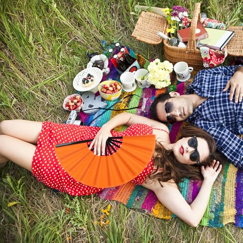 2 Pack Large Folding Hand Fan for Men/Women, Rave Fan Vintage Retro Fabric Fans, Chinese Kung Fu Tai Chi Hand Fan for Festival, Dance, Gift, Performance, Decorations (Orange) - color: 2 Orange