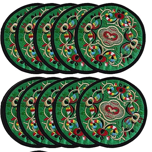 Zhiheng 10 Pack Vintage Ethnic Fabric Coasters Floral Embroidery Cloth Coasters Round Coffee Cup Mat Drink Tableware for Housewarming Party Table Home Decorations (Green) - color: Green