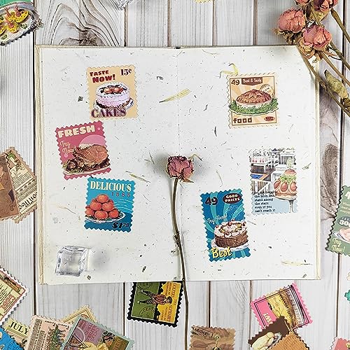Prstincol 100 Pcs Scrapbooking Stickers,Food Stickers for Scrapbooking,Vintage Stamp Sticker for Journaling,Retro Poster Sticker for Water Bottle Laptop Phones Bullet Journal - style: Food and Poster 100 Pcs