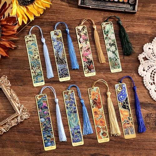icceemee 8 Pieces of Gold Hollow Bookmarks with Tassels, Featuring Van Gogh and Monet Oil Painting Themes Perfect for Book Lovers, Writers, Readers, Children, Teenagers, Men, Women, and Adults - style: Oil Painting Theme Set of 8