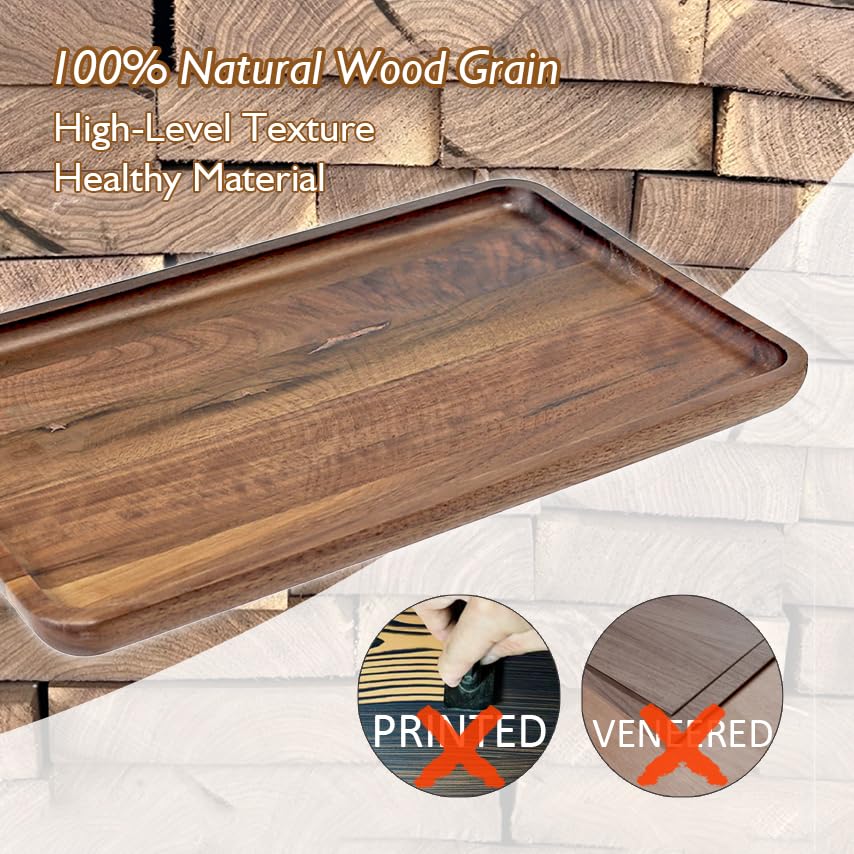 Wooden Serving Tray Walnut Wood Breakfast Platter Food Snack Dessert Coffee Tea Decorative Vanity Tray with Edge for Kitchen Living Room Bathroom Bedroom Home Decor (Large, Rectangular)
