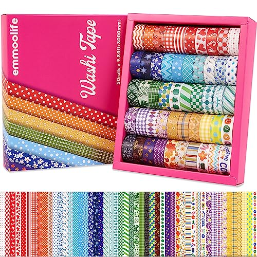 emmoolife 50 Rolls Washi Tape Set, 15mm Wide Rainbow Colored Tape Aesthetic Design Masking Decorative Tape for Scrapbooking Supplies, Bullet Journaling, Junk Journal, Wrapping Planners, DIY Arts Craft - style: Multicolor Style
