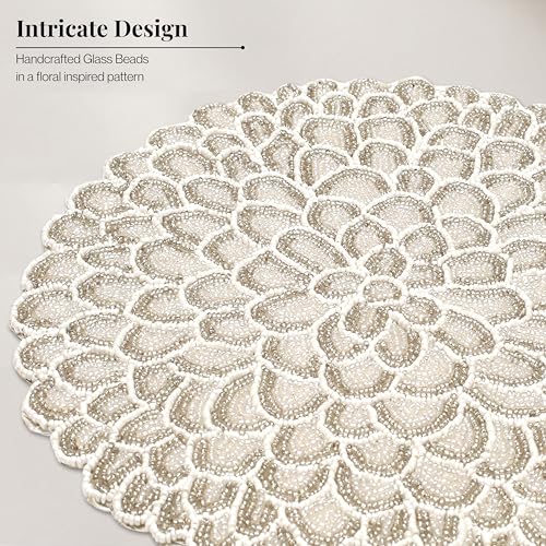 Handmade Beaded Placemats - 13 Inch Round Dining Table Mats - Elegant Glass Beads with Cotton Backing - Decorative Tableware for Weddings, Holidays, and Home Décor (Ivory White) - ALPHA Living HOME - color: Ivory White, size: Set of 1