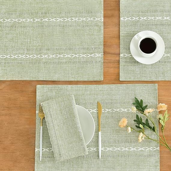 Wracra Cotton Linen Place Mats, Sage Green Embroidered Placemats Set of 6 - color: Hemstitched Sage Green, size: Placemats(Set of 6)