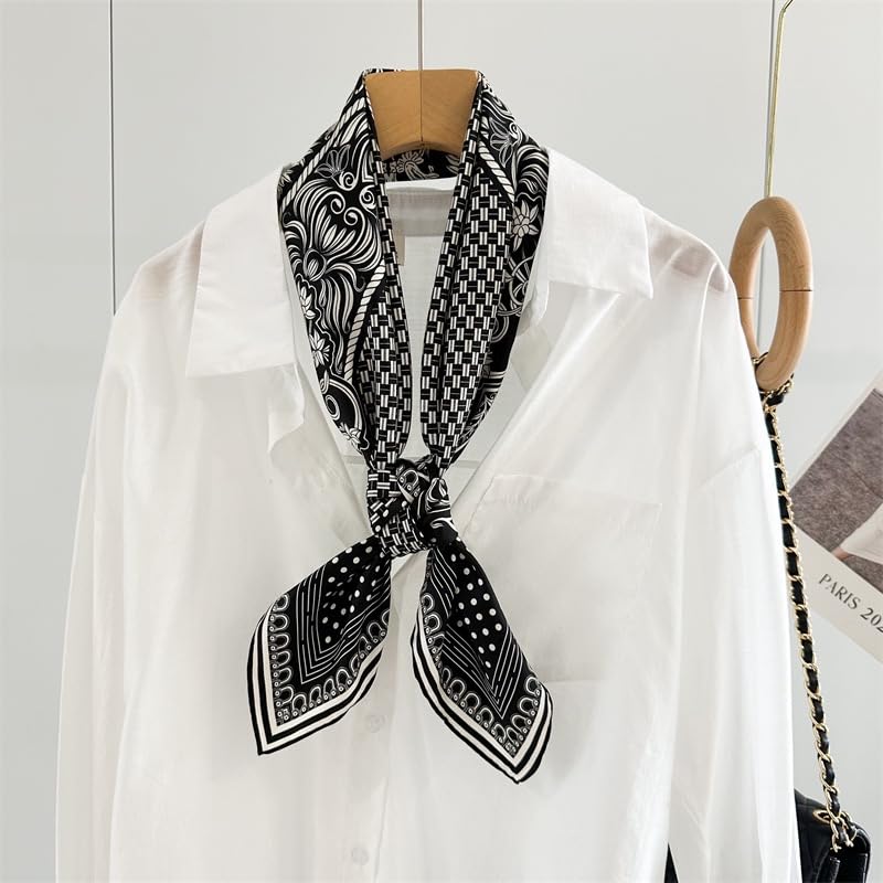 ANDANTINO 100% Mulberry Silk Scarf -Women 35" Square Hair Wraps-Gift Packed - color: Black & Creamy White