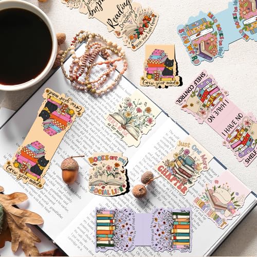 Wxiben Book Lover Magnetic Bookmark - 9Pcs Flower Book Mark Magnets Cute Cat Floral Bookmarks Magnetic Bookish Magnets Book Markers Page Clip Gifts for Women Teen Students Teacher Reading Office - style: Book Lover