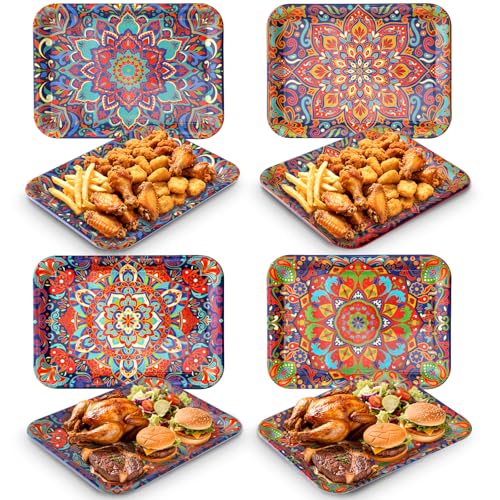 Vesici 4 Pack Mandala Melamine Serving Trays, 13 x 10 Inch Rectangular Decorative Platters with Colorful Bohemian Patterns, Durable Serving Plates for Snacks, Appetizers, Parties & Home decoration - style: Mandala